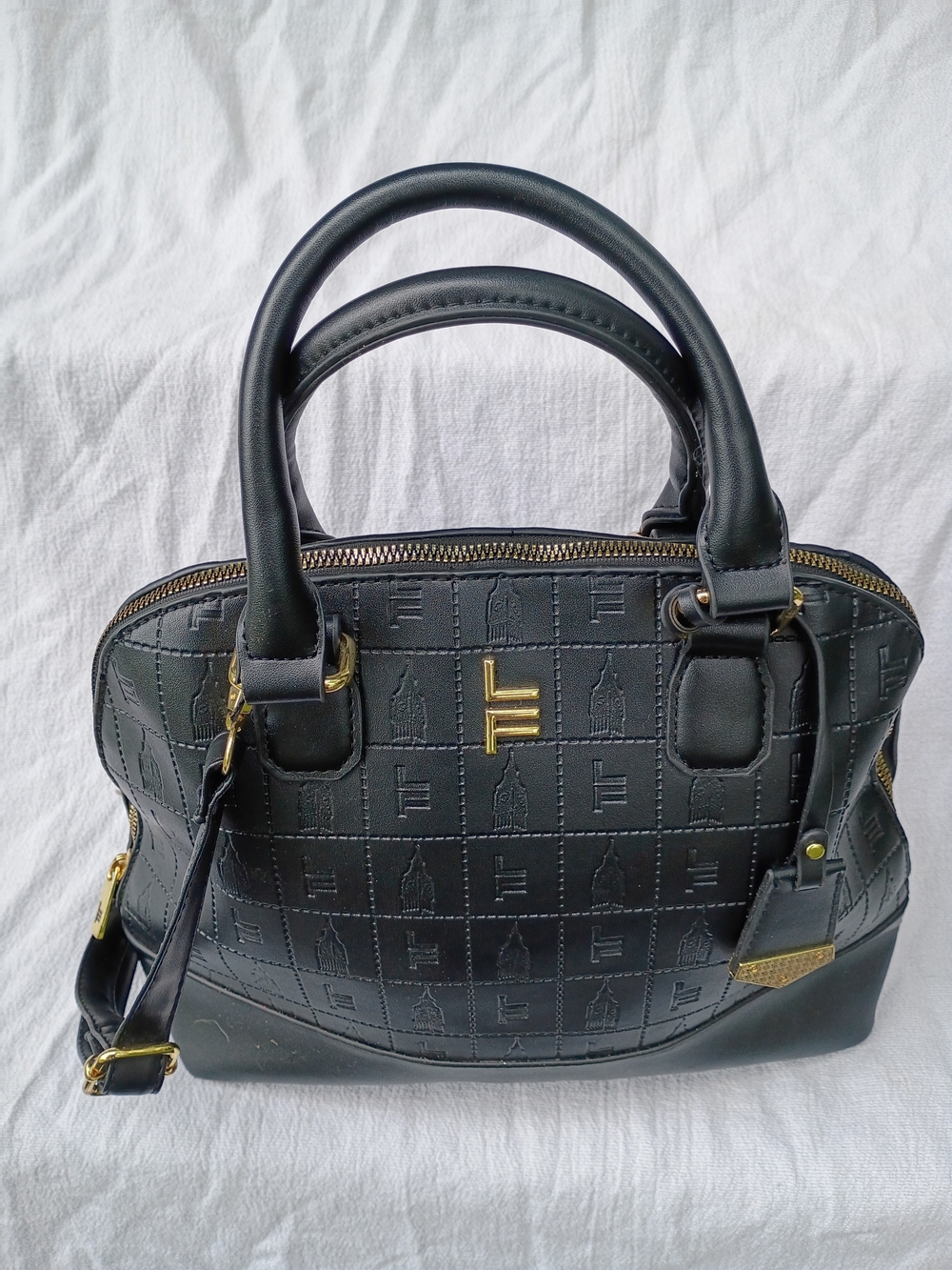 London Fog Dome Satchel Handbag Logo Print Black